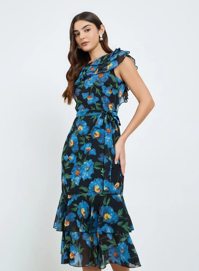 Styli Women Floral Print Frill Sleeves Sheath Midi Dress